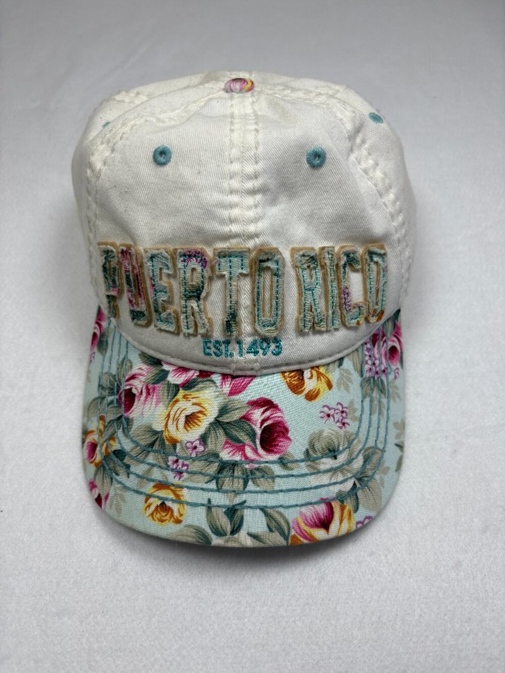 Robin Ruth Puerto Rico Embroidered Floral Brim Baseball Cap Hat Cream Coastal